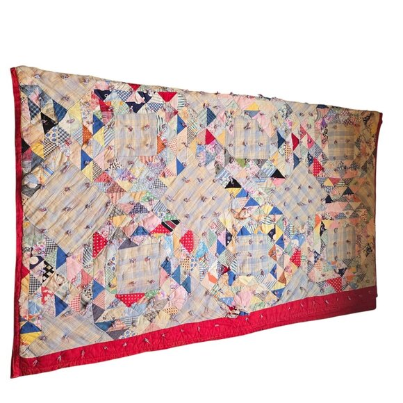 Handsewn Quilt Feedsack Crown of Thorns Red Back Tied Needs Repair Twin Size VTG - Picture 9 of 16